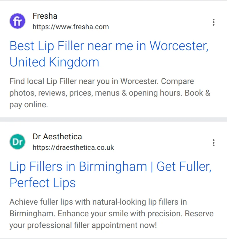 The first two website results for “lip filler near me” on a phone in Birmingham, 14 October 2026: a booking platform’s listings page and a clinic’s lip filler page