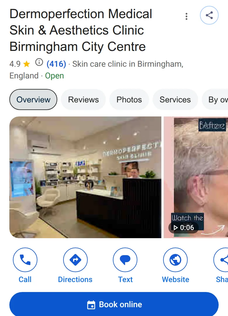 A clinic’s Google profile on a phone in Birmingham, 14 October 2026, with Call, Directions, Text and Website buttons and a Book online button
