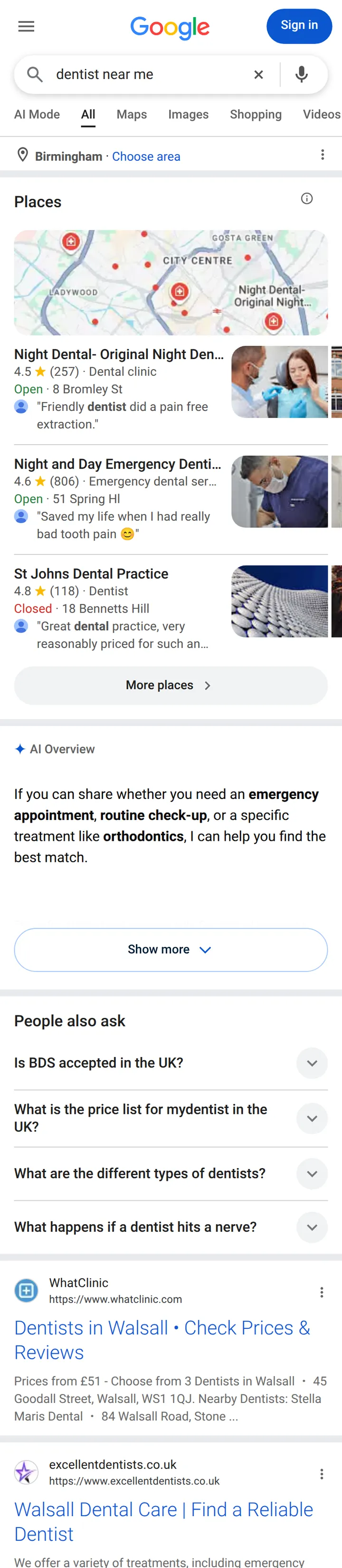 Google UK results for “dentist near me” on a phone in Birmingham, 13 October 2026