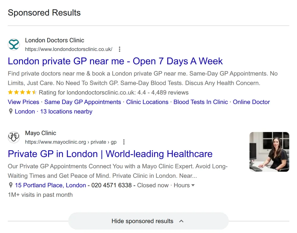 Two sponsored results for “private gp london” on Google UK, 13 October 2026: one with a star rating and links, the other with an address and phone number