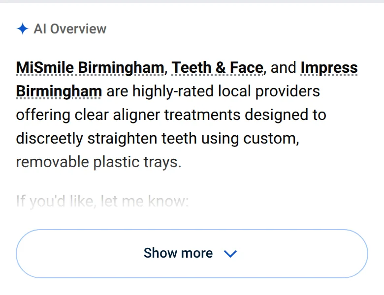 Google’s AI Overview for “invisalign” on a phone in Birmingham, 13 October 2026, naming three local clinics