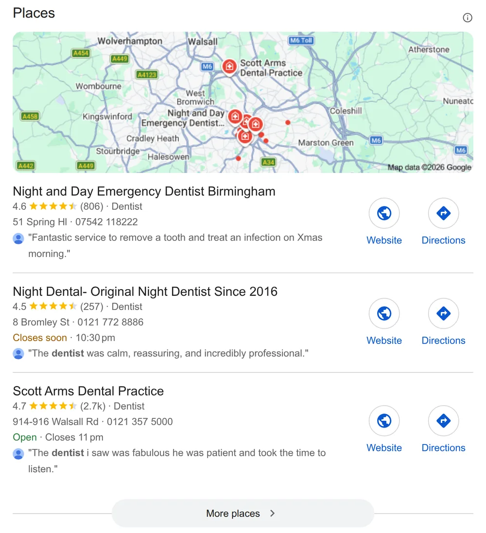 Google’s map of dentists for “dentist birmingham” on 13 October 2026, with three clinics, their star ratings and a review line each