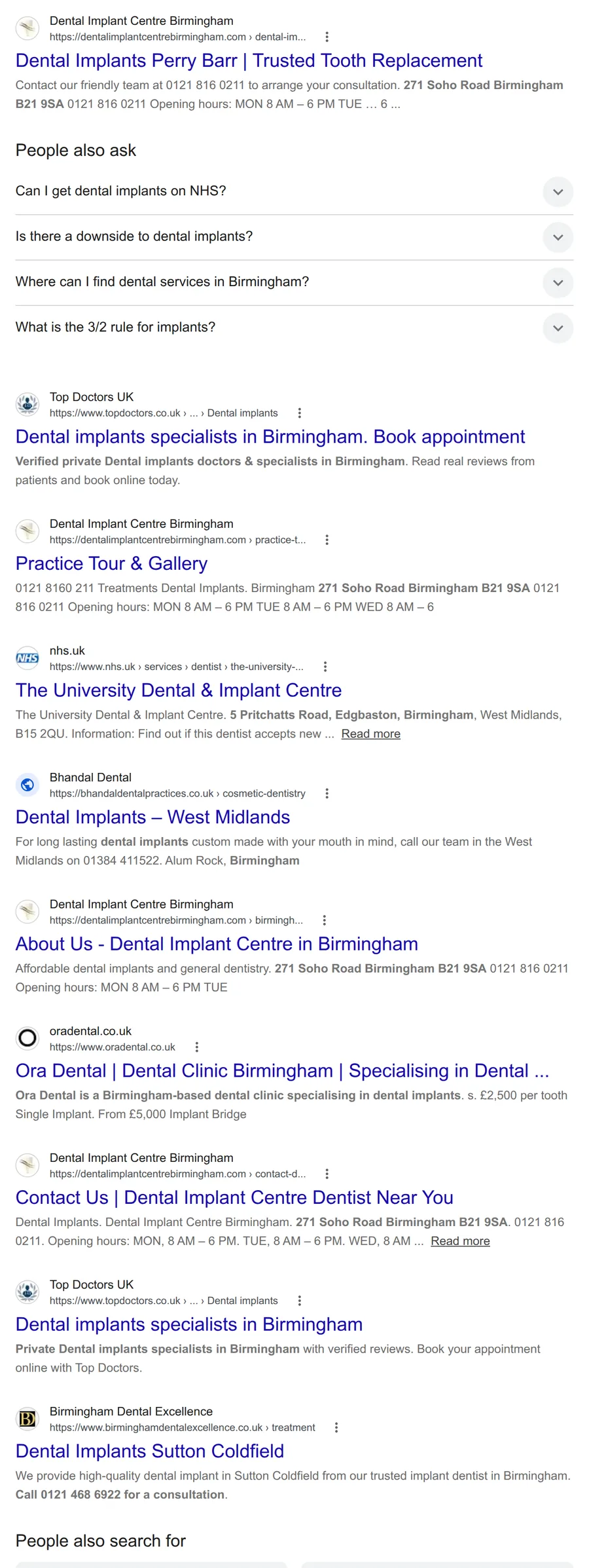 Google UK results for “dental implants birmingham” on 13 October 2026, where one clinic holds four of the ten website results