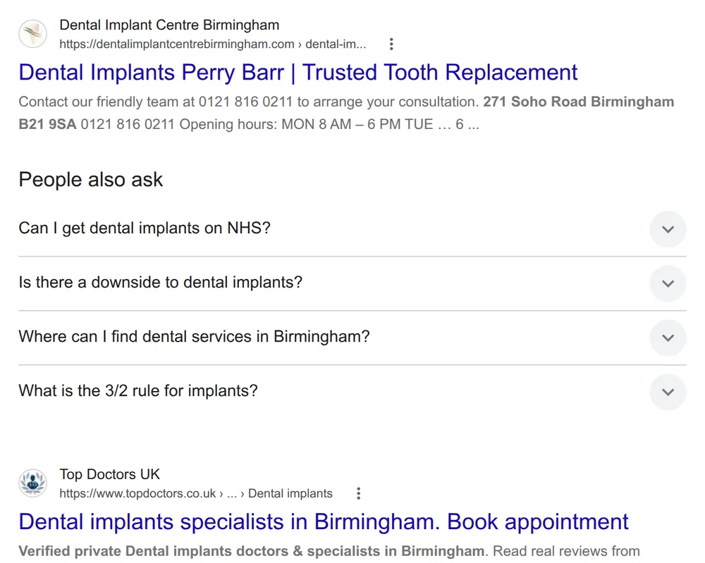 Google UK results for “dental implants birmingham” on 13 October 2026, where one clinic holds four of the ten website results