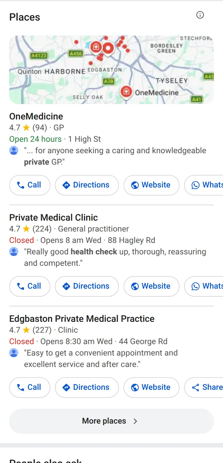 Google’s map for “private health check” on a phone in Birmingham at 9.47pm, with two of the three clinics closed and Call and Website buttons on each