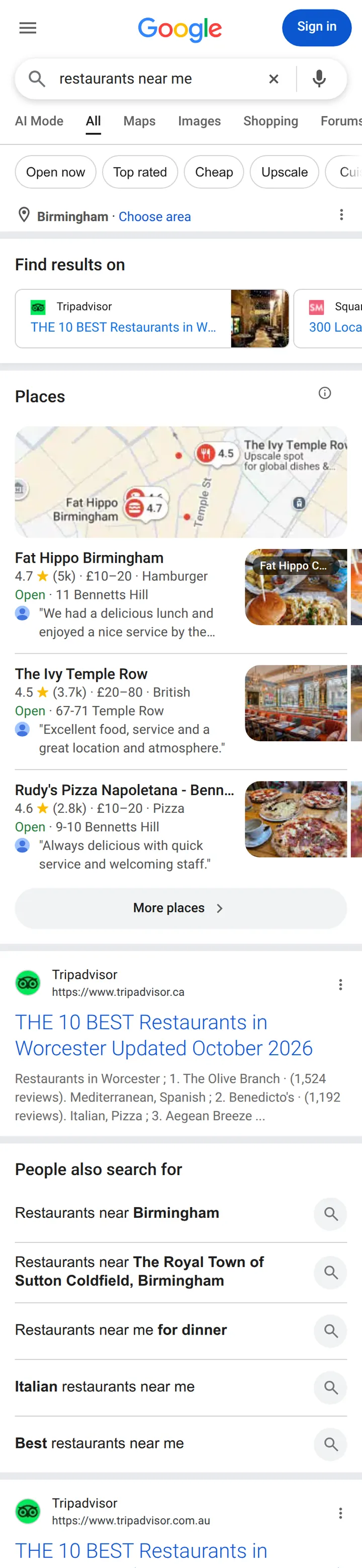 Google UK results for “restaurants near me” on a phone in Birmingham, 14 October 2026