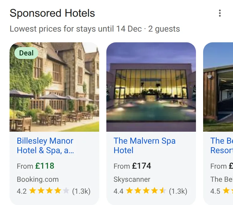 The first sponsored hotel listings for “spa hotel west midlands” on a phone, 14 October 2026, priced through Booking.com and Skyscanner, with a third cut off at the edge