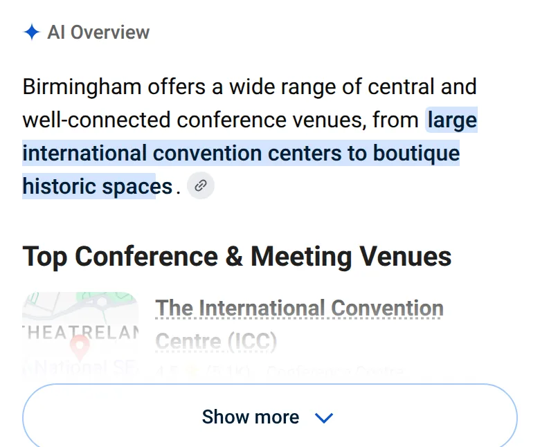 Google’s AI Overview for “conference venues birmingham” on a phone, 14 October 2026, describing the city’s venues and starting a list with the International Convention Centre