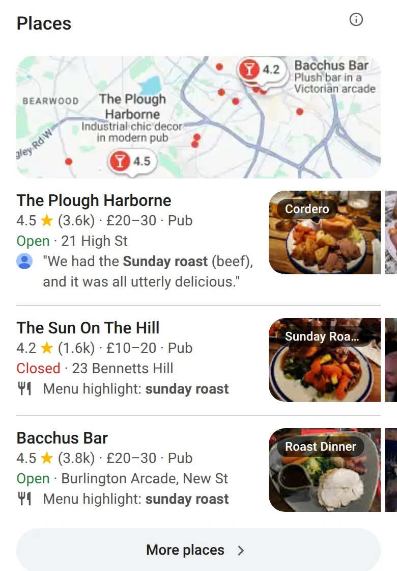 Google’s map of pubs for “sunday roast near me” on a phone in Birmingham, 14 October 2026, with three pubs, their ratings, price ranges and menu highlights