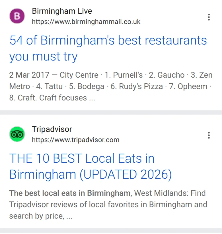 The first two website results for “restaurants birmingham” on a phone, 14 October 2026: a local newspaper’s list of the city’s best restaurants and a review site’s top ten