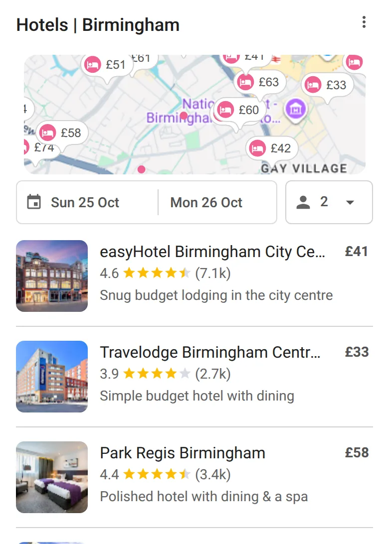 Google’s hotel listings for “hotels in birmingham” on a phone, 14 October 2026, with a map of nightly prices and three hotels priced from £33 to £58