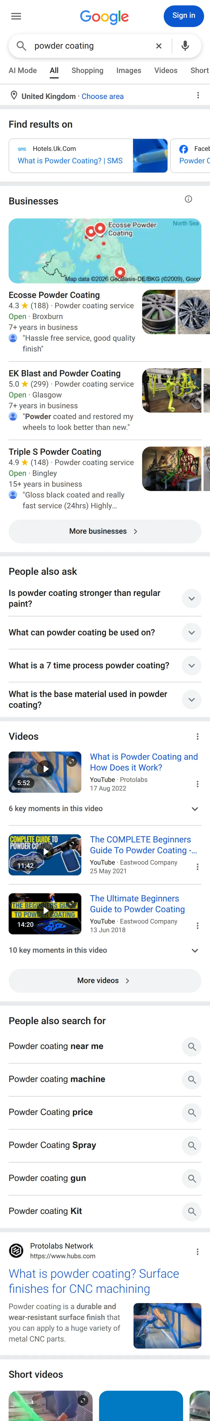Google UK results for “powder coating” on a phone in the UK, 14 October 2026