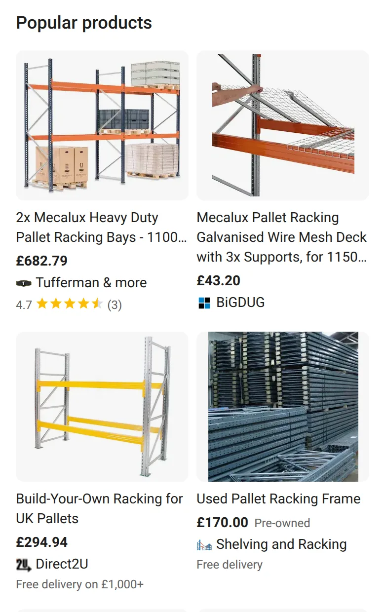 Unpaid product listings with prices for “pallet racking” on a phone, 14 October 2026, shown straight after the first website result