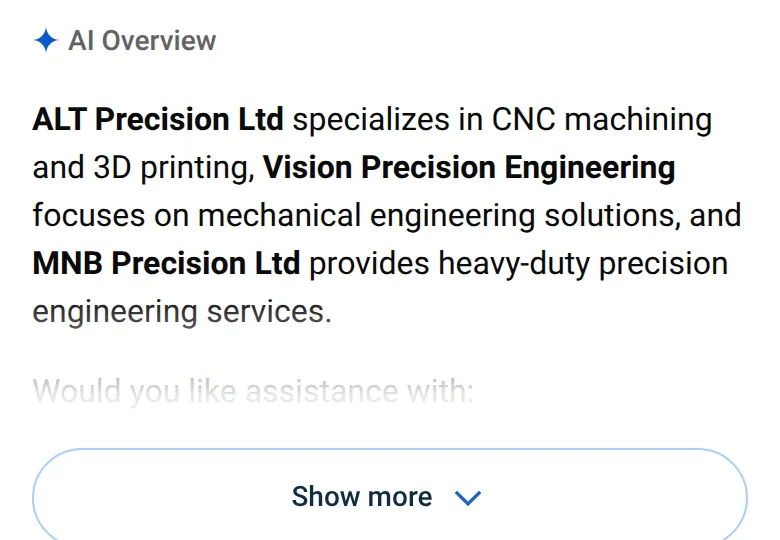 Google’s AI Overview for “precision engineering companies” on a phone, 14 October 2026, naming three firms and what each one does