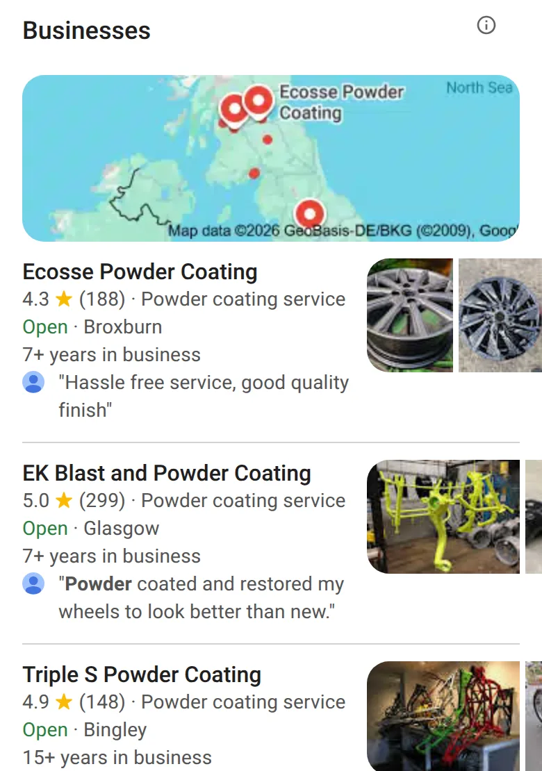 Google’s map of businesses for “powder coating” on a phone, searched UK-wide on 14 October 2026, with three firms, their star ratings and review lines for two of them