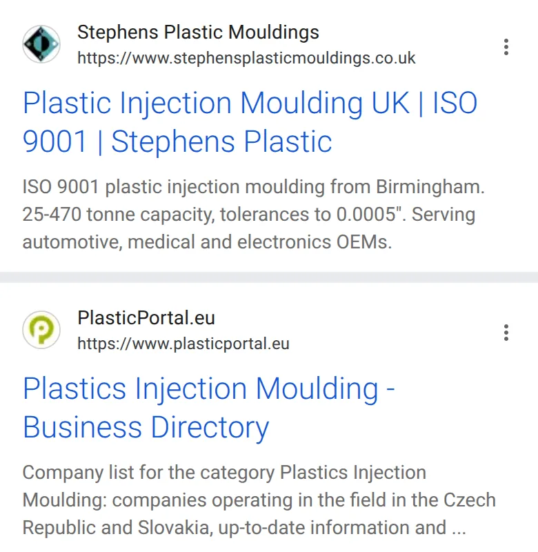 The first two website results for “plastic injection moulding companies” on a phone, 14 October 2026: a moulder’s page leading with ISO 9001, press tonnage and tolerances, then a business directory