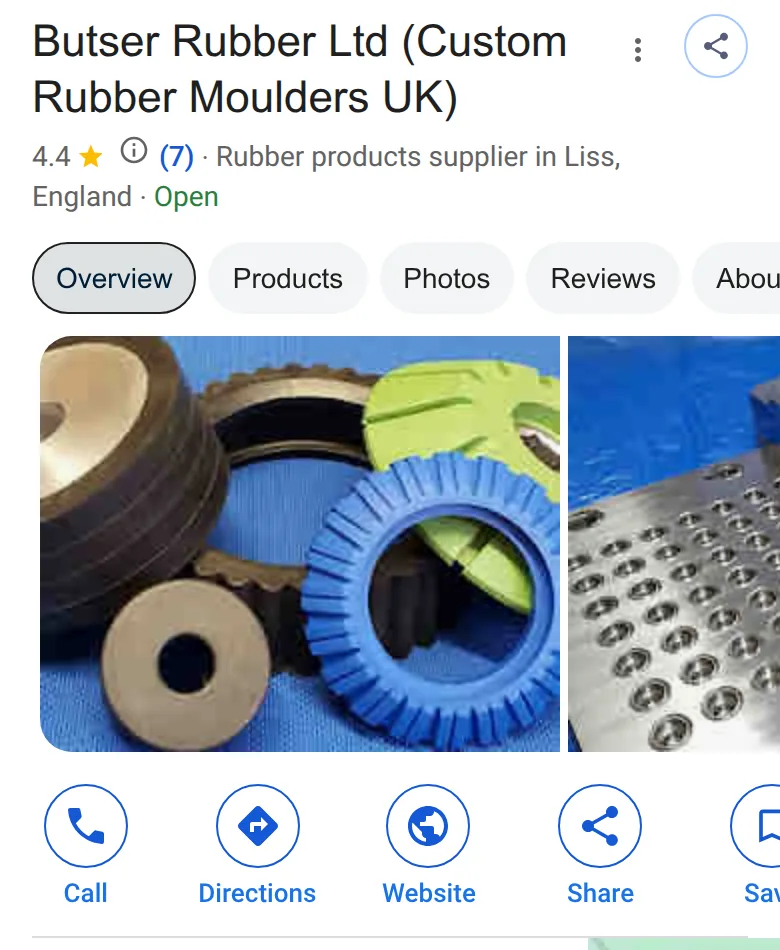 A rubber moulder’s Google profile at the top of the results for “rubber moulding uk” on a phone, 14 October 2026, with Call, Directions, Website and Share buttons