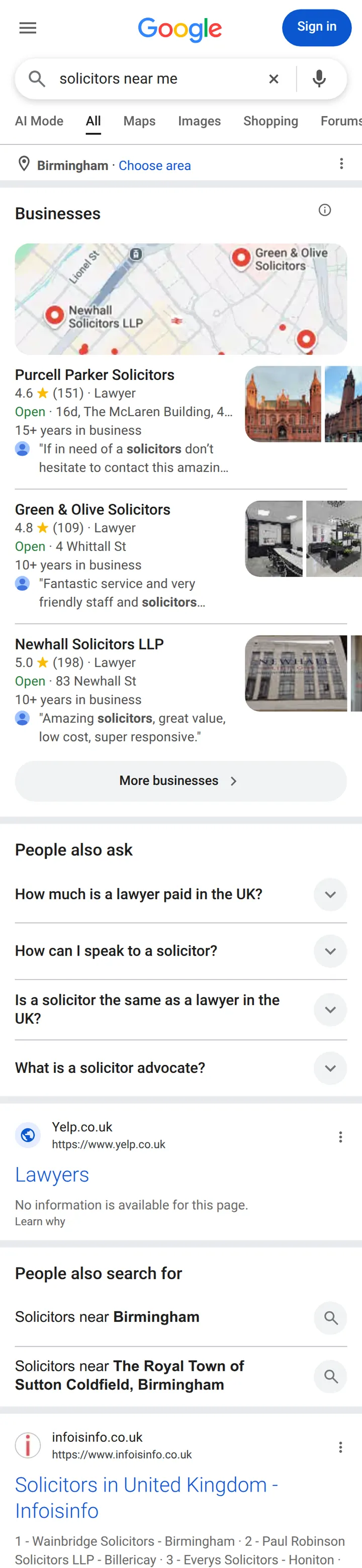 Google UK results for “solicitors near me” on a phone in Birmingham, 14 October 2026