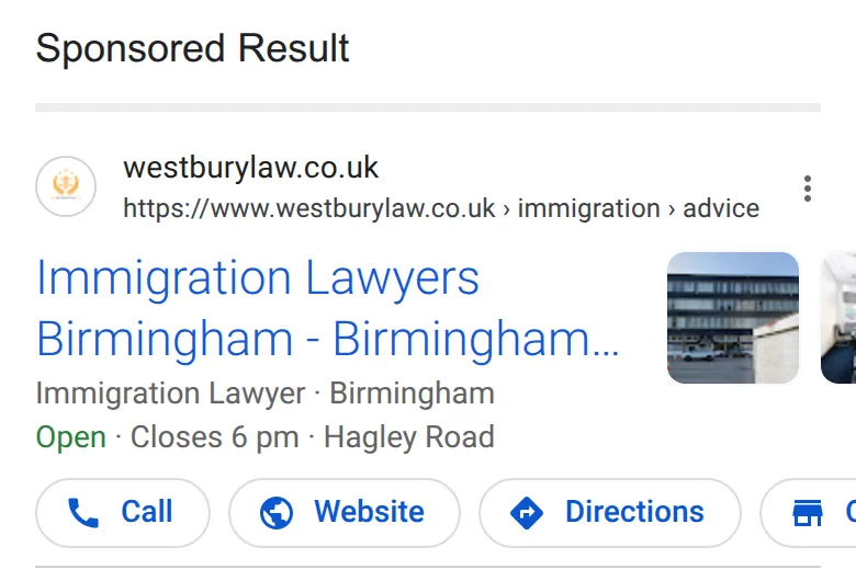 A sponsored result for “immigration solicitors birmingham” on a phone, 14 October 2026, with Call, Website and Directions buttons
