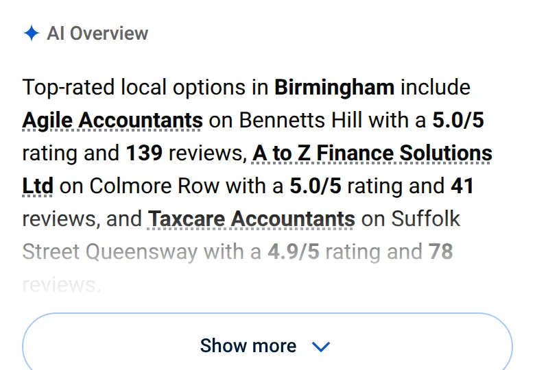 Google’s AI Overview for “accountant near me” on a phone in Birmingham, 14 October 2026, naming three local practices with their ratings and review counts