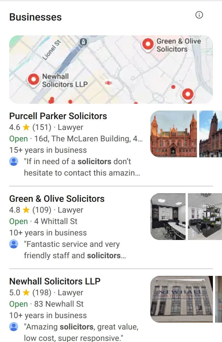 Google’s map of firms for “solicitors near me” on a phone in Birmingham, 14 October 2026, with three firms, their star ratings and a line from a review each