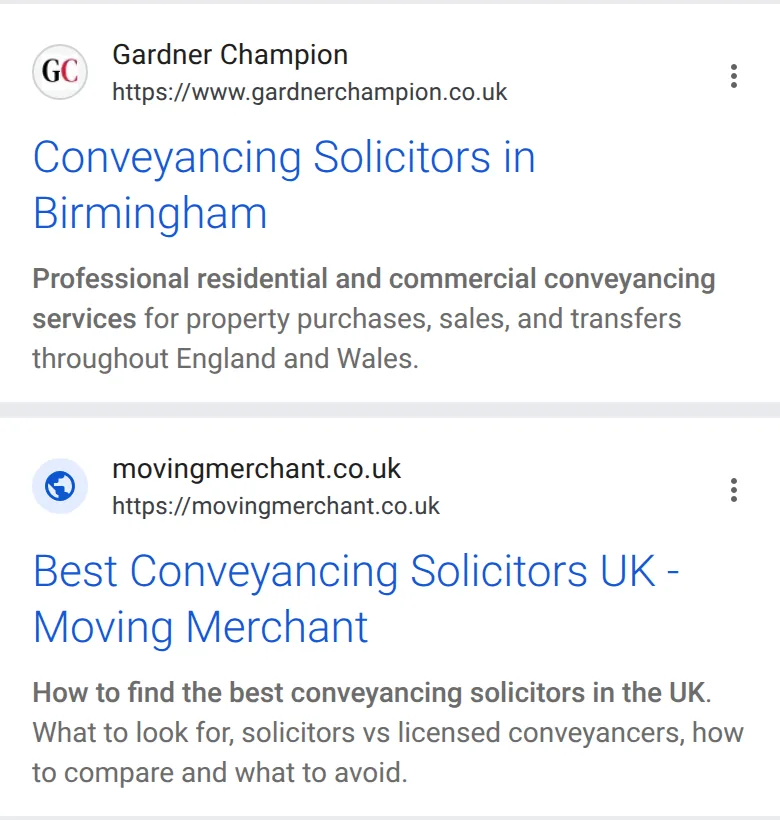 The first two website results for “conveyancing solicitors” on a phone in Birmingham, 14 October 2026: a law firm’s Birmingham conveyancing page and a guide to choosing a conveyancer