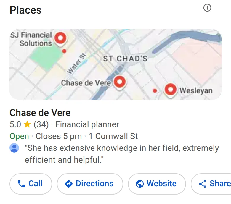 A financial planner’s listing in Google’s map results for “financial advisor near me” on a phone in Birmingham, 14 October 2026, with Call, Directions, Website and Share buttons