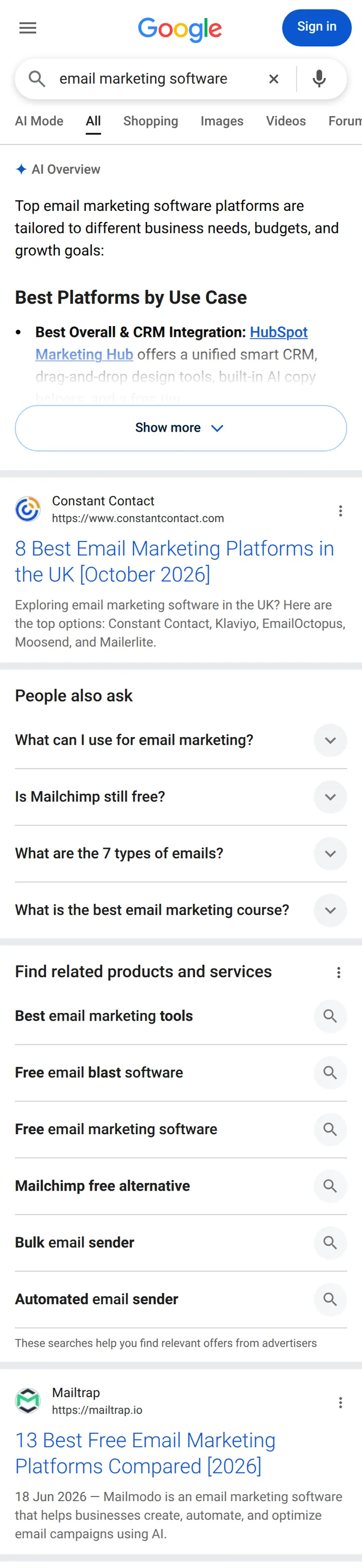 Google UK results for “email marketing software” on a phone in the UK, 14 October 2026
