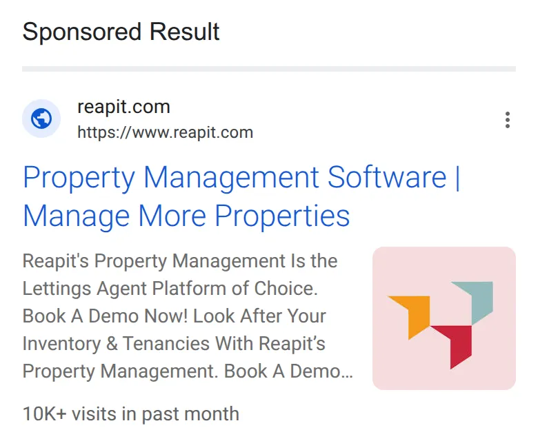 A sponsored result from a property software company for “property management software uk” on a phone, 14 October 2026, shown below the website results