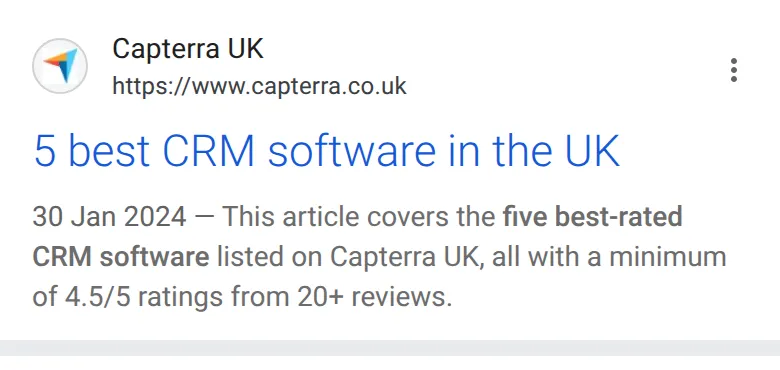 The first website result for “best crm software” on a phone, 14 October 2026: a review site’s list of the five best-rated CRM software in the UK, dated 30 January 2024