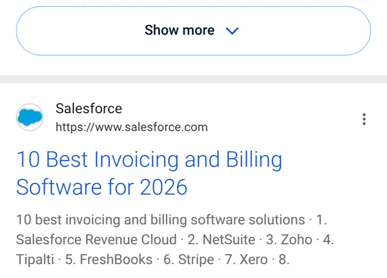 The first website result for “invoicing software” on a phone, 14 October 2026, just under the AI Overview: Salesforce’s list of the 10 best invoicing and billing software, with Salesforce Revenue Cloud first