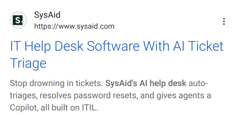 The first website result for “help desk software” on a phone, 14 October 2026: a help desk software company’s own product page