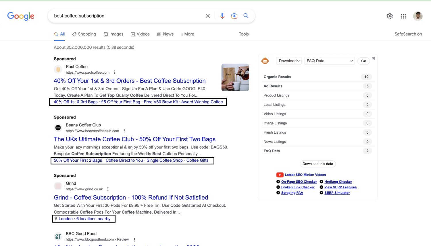 Screenshot of extension on a Google Ad